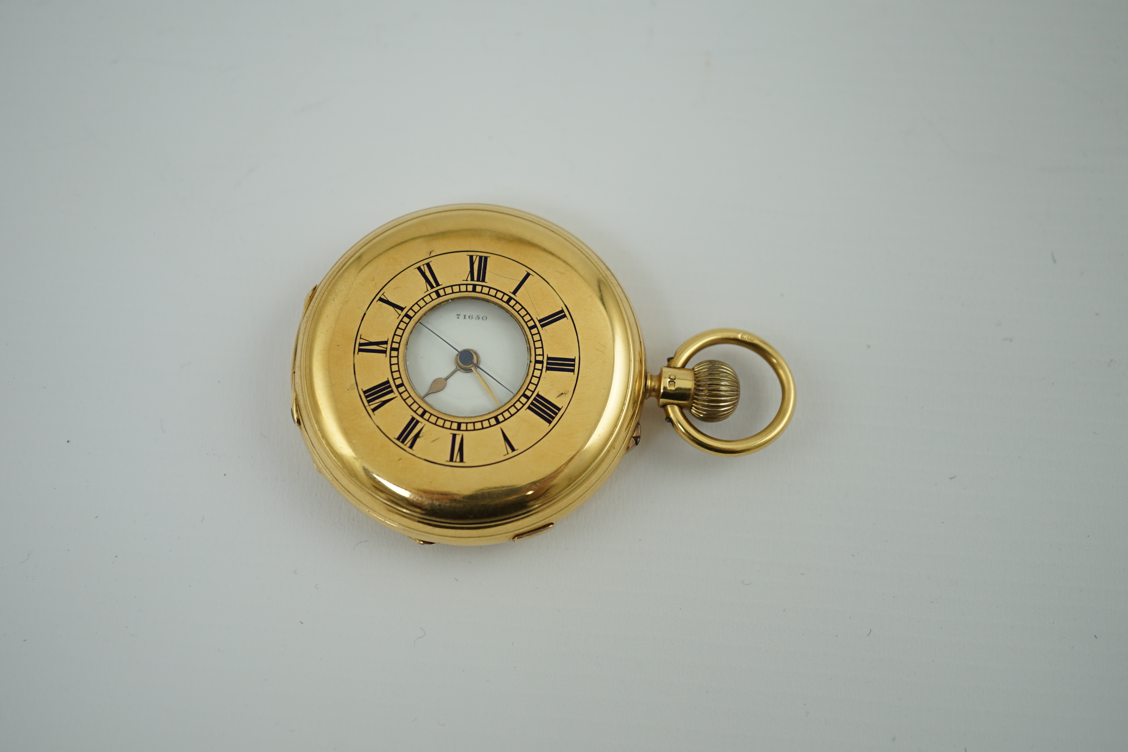 A late Victorian 18ct gold half hunter chronograph keyless pocket watch